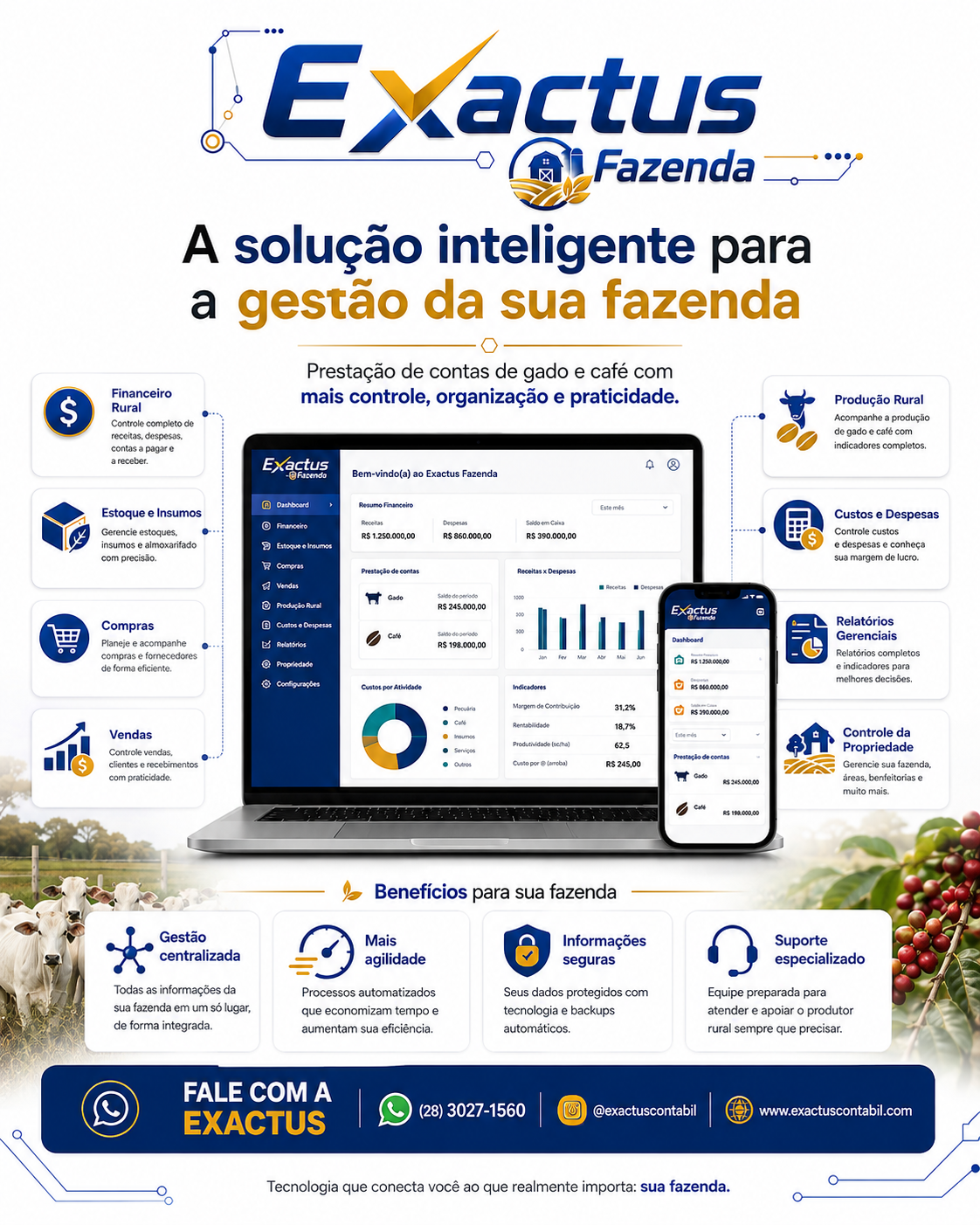 Exactus Fazenda — gestão e prestação de contas rural. A partir de R$ 197,00/mês.
